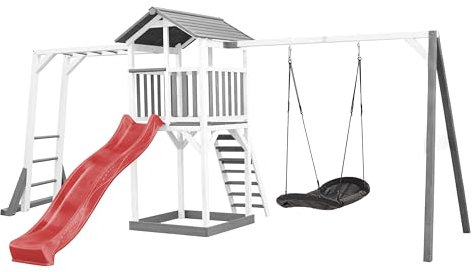 AXI Torre de juegos de madera en blanco y gris, casa de juegos para niños con tobogán rojo, estructura de escalada, columpio nido y caja de arena, casa de zancos para el jardín