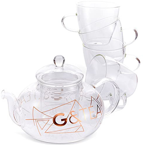 Oak & Steel - Premium Elegant Glass Gin Teapot with Removable Loose Leaf Infuser 800ml - 4 Tea Cups Gift Party Set