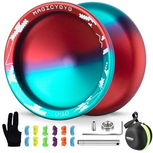MAGICYOYO V10 Professional Finger Spin Yoyo, Dual Purpose Responsive & Unresponsive Metal Yo Yo for Tricks, Long Spin, Durable Aluminum Alloy Yo-yo with Case, Glove & 12 Yoyo Strings (Blue Red)