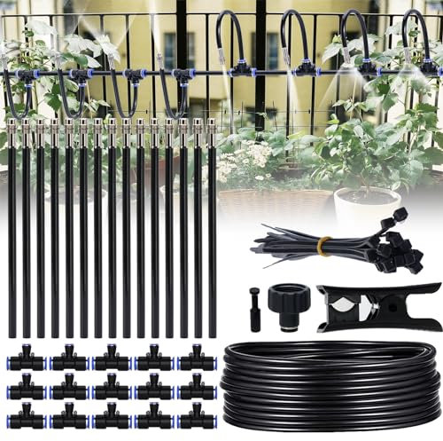 Bewässerungsnebelsystem, 49ft Nebelleitung, 15 Directional Brass Spray Nozzles, 3/4 Adapter, Nebelsystem für Bauernhof Rasenbewässerung, Outdoor-Nebelkühlsystem für Garten Terrasse