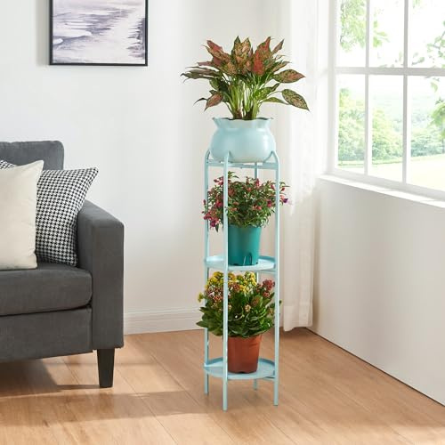 [en.casa] Blomstativ Altena växtstativ med blomkruka och 2 hyllor metall ljusblå växthylla 94,5 x 27 x 27 cm blompelare för inomhus blomkruksställ