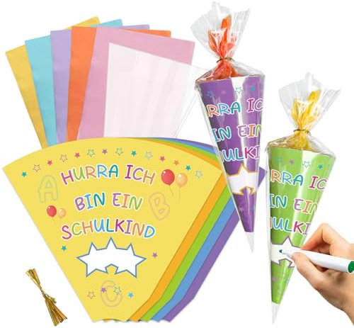 Rhsemi 15 Stück Geschwister Schultüten - 25 cm Zuckerhut mit Namen, Geschenkverpackung für Jungen und Mädchen