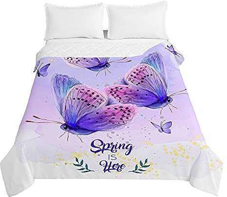 Highdi Colcha de Verano, Colcha para Primavera y Verano Reversible Estampada - Ligera y Suave Mariposa Cubre Cama Fina, colchas Cama Individuales y Dobles Modernas (180x220cm,Lila)
