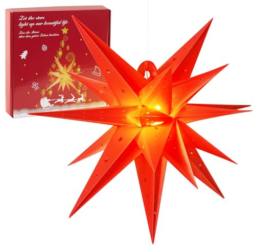 SUNBEAUTY Beleuchtet Batterie mit Timer, 58CM Hängend Aussen Led Stern, 3D Leuchtstern, Rot für innen und außen