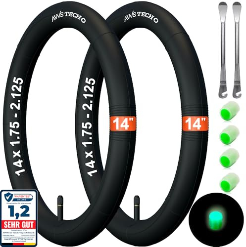14 x 1.75-2.125 cámara de Aire Bicicleta y Remolque de 14 con válvula Auto 32 mm | 2 desmontadores de neumáticos incluidos | Juego de 2 | Compatible con Ruedas de 14