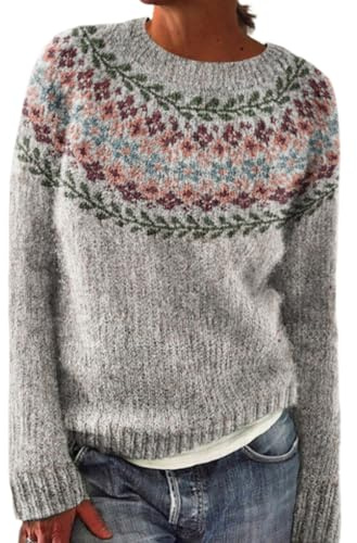 YONGLSP Norwegian Sweater Women, Women's Knitted Print Retro Sweater Crewneck Long Sleeve, Autumn and Winter Casual Loose Knit Jacquard Sweater (Green Leaf,S)