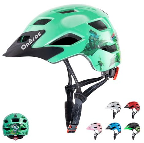 Kids Bike Helmet, OnBros Kid Helmets For Ages 5-8-11-14 Years Boys and Girls, Bicycle Helmets Kids With Visor Adjustable, Bicycle Scooter Skating Cycle Helmet (Light Green Frogs-glossy)