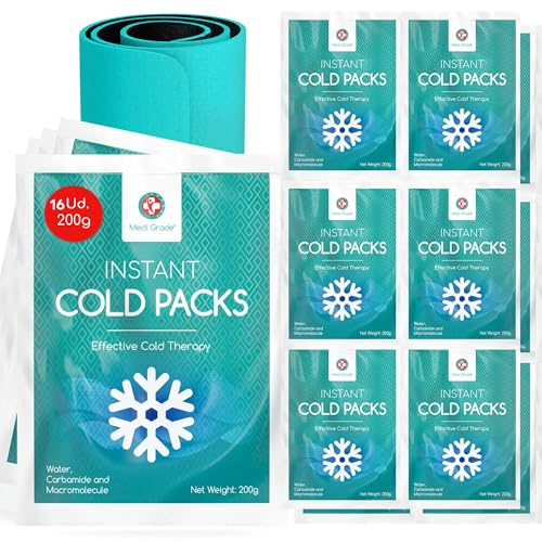 Medi Grade 16 Poches de Froid Instantané 200g, sans Congélateur | Compresses jetables à activer en pressant, 15,24 x 20,32 cm, avec bande de fixation, refroidissement rapide des blessures