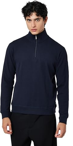 BOSS Men's Structure 1/4 Zip Cotton Blend Pullover with Waffle Structure and Troyer Collar, 403 Dark Blue, L