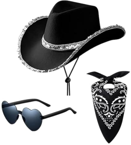 SYTTNUM Cappelli Cowboy Set da 3, Cappello Cowboys Nero, Set Cappello da Cowboy, Festa di Carnevale Cosplay per Uomini e Donne Appassionati di Trucco, Regalo di Compleanno