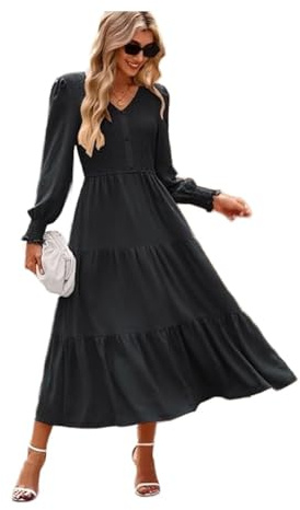 Kate Kasin Women's Maxi Jumper Dress Long Sleeve Wedding Guest Dress V Neck Knitted Dresses with Pockets A-Line Casual Work Elegant Black XL