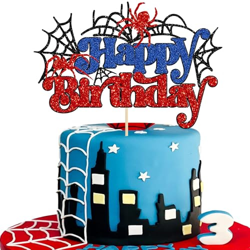 Gyufise 1Pcs Spider Happy Birthday Cake Topper Red Blue Glitter Baby Shower Party Cake Decoration for Spider Themed Birthday Anniversary Party Supplies