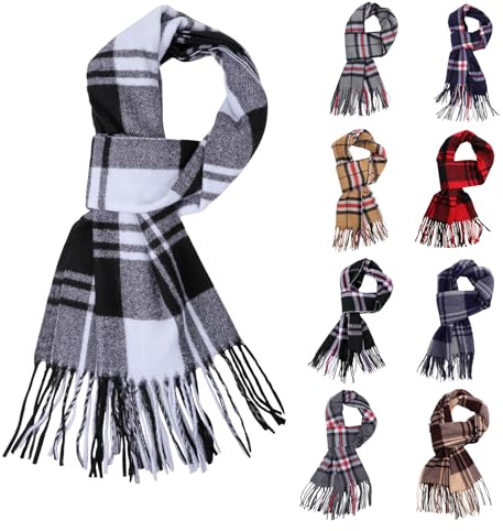 Fjquamitix Classic Winter Warm Tartan Scarf, Warm Windproof Fringe Tartan Scarves, Scottish Cashmere Feel Scarf for Unisex Business Casual (Black & White, One Size)