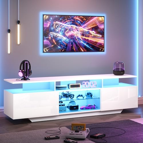 Azkoeesy Moderno mueble bajo para TV con iluminación LED, color blanco brillante, tablero de partículas, 160 x 40 x 45 cm, estante de cristal, 2 armarios, armario de TV para salón