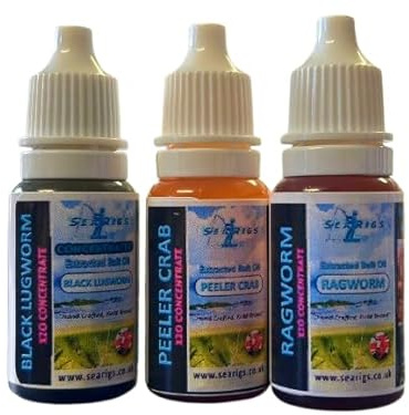searigs Sea Fishing Hook Bait Oil Set, X20 Concentrate, Black Lugworm, Peeler Crab and Ragworm Flavours, Made in UK, 3 Pack