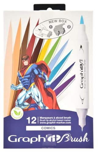 GRAPH’IT Brush Marker Set de 12 marqueurs à alcool double pointe pour dessin de manga et illustration, pointe extra-fine et pinceau - Set Comics