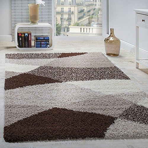 Paco Home Shaggy Teppich Wohnzimmer Hochflor Langflor Weich Geometrisches Muster Modern, Grösse:300x400 cm, Farbe:Braun