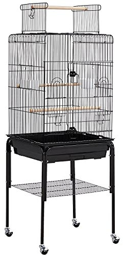 Yaheetech Gabbia per Uccelli Pappagalli Inseparabili Calopsite in Metallo con Carrello Rotelle Voliera per Uccelli con Tetto Apribile Nera 46 x 46 x 119 cm