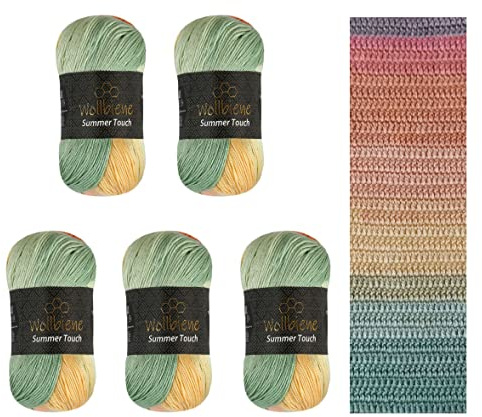 Wollbiene Summer Touch Batik Lot de 5 pelotes de laine multicolore avec dégradé de couleur, 500 g de laine mercerisée en microfibre acrylique (501 jaune/orange-menthe)