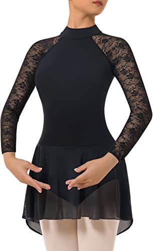 BAKPH Women's Turtleneck Dance Leotard With Skirt Adult Lace Long Sleeve Ballet Dress(W7028-06-L)