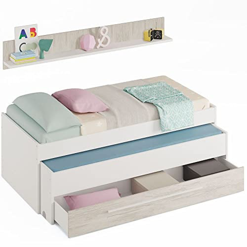 Mobelcenter, Cama Nido Juvenil Elliot 2 Camas 1 Cajón 1 Estante, Cama Doble Juvenil con 2 Camas 1 Cajón, Color Blanco Artik y Blanco Velho, Medidas: Ancho: 199 cm x Fondo: 96 cm x Alto: 65 cm (1383)