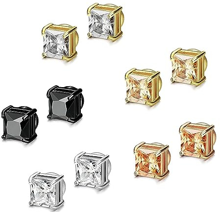 6MM Magnetic Stud Earrings No Piercing Needed for Men & Women - 5 Pairs 316L Stainless Steel Hypoallergenic CZ Diamond Fashion Ear Studs with Strong Magnets - Gold Silver Black Rose Gold