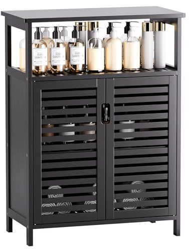 HITNET Badezimmerschrank Bambus Schwarz, Badschrank mit 2 Türen, Freistehender Schrank für Bad, Wohnzimmer und Schlafzimmer