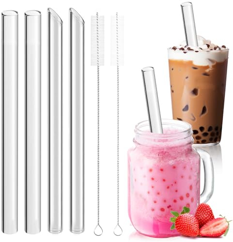 Annyswit 4 Piezas Paja de Vidrio Reutilizable con 2 Cepillos de Limpieza Pajitas Bubble Tea 14×215mm Anchas Pajitas de Vidrio para Smoothie Cocktail Slush Jugos Té