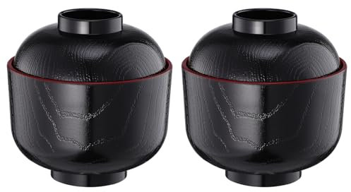 MUCKLILY 2Pcs Tazones De Sopa De Miso Con Tapa, Tazones De Arroz Japoneses, Vajilla Tradicional, Negro, 9.5x9.5x10cm