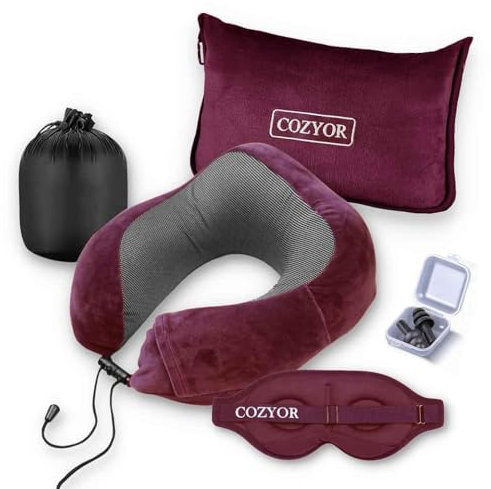 Cozyor Reiseset 4-teilig: Nackenkissen + Schlafmaske + Reisekissen & Reisedecke 2 in 1 + Ohrstöpsel, mit Rucksack-Clip & Kofferbefestigung rot