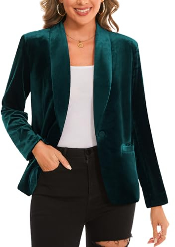 MINTLIMIT Shawl Collar Velvet V-Neck Long Sleeve Ladies Blazers One Button Jacket Suits with Pockets Outerwear Daily Job Date Night Party (Green L)
