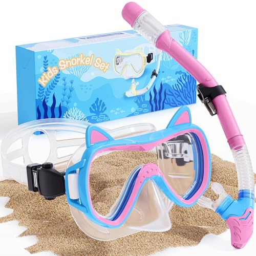 2026 Cute Kitten Kids Snorkel Set,Pastel Colors, Anti-Fog Tempered Glass Snorkeling Gear for Kids Age 6 and up – Ideal for Birthdays or Graduation Celebrations!