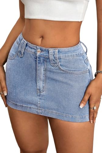 ELLEVEN Jean Skirts for Women Denim Y2k Cute Mini Skirt Trendy Low Rise Stretch Sexy Bodycon Summer Casual Festival Curvy Skirt with Pockets Going Out Blue Denim X-Small