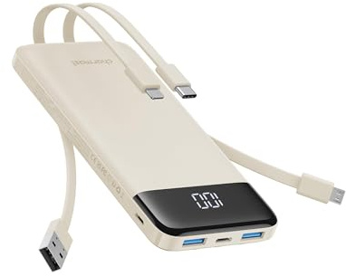 Charmast Portable Charger with Built in 4 Cables, 10000mAh Travel Essential USB C Battery Pack 6 Outputs 3 Inputs 3A Fast Charging Power Bank compatible with iPhone iPad and More (Qianka)