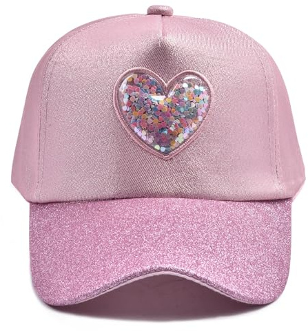 MCWTH Kids Heart Bling Baseball Cap for Girls Love Sequin Sun Hat Fits 6-12 Years Old Pink