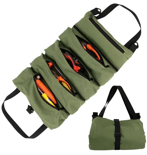 Yesaler Bolsa Enrollable de Oxford con 5 Bolsillos con Cremallera Organizador de Herramientas de Oxford Multiusos para Carpinteros Verde