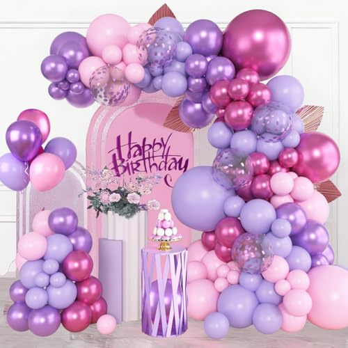 Kit d'arche de ballons violets, 114 guirlandes de ballons roses lilas avec ballons violets métallisés rose vif, décorations de fête pour anniversaire, fête prénatale, mariage, fiançailles, fête