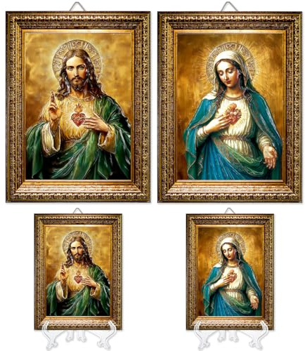Roowest 2 Pack 7.3inch H Sacred Heart of Jesus and Mary Catholic Icon Framed Print, Catholic Faith Gifts Sacred Hearts Framed Print, Wall Crosses Art Made from Resin