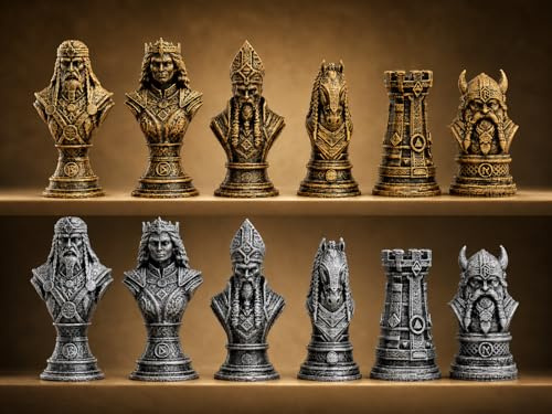 Juego de piezas de fantasía de Chess - 32 piezas 3D impreso medieval Viking Style Chess Figures in Antique Gold and Silver Finish – Board Not Included