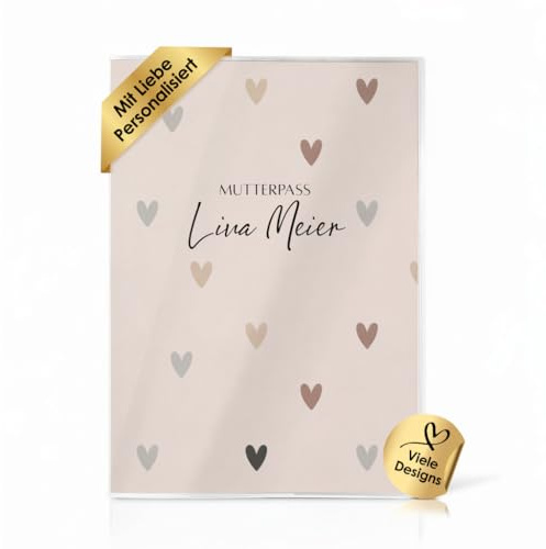 Cozy Racoon Custodia per libretto di maternità tedesco, 3 pezzi, di alta qualità, design cuori naturali (con personalizzazione/con nome)