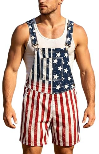 Men's American Flag Dungarees American Flag Print Shorts Rompers Adjustable Straps Jumpsuits Work Bib and Brace Overalls Playsuits Suspender Shorts Hot Pants Rave Party Clubwear with Pockets