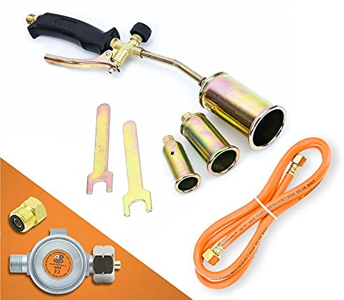 Gasbrenner Dachbrenner 3 tlg. mit Schlauch (1,5 m) Gaslötgerät Abflammgerät Brenner Gasdruckregler 4 bar mit Adapter 3x Brenneraufsätze: Ø 25 mm, Ø 35 mm, Ø 50 mm, bis 1850 °C SN0286R