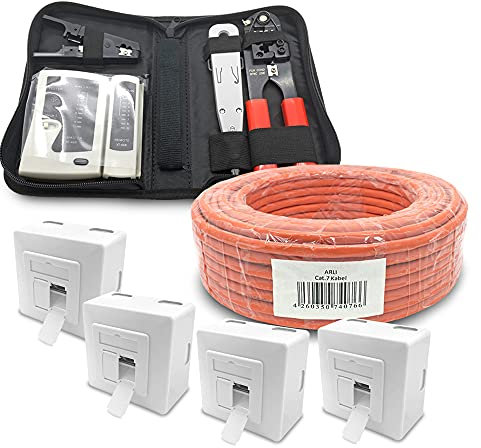 ARLI CAT 7 100m Verlegekabel Netzwerkkabel CAT.7 + 4X Netzwerkdose Cat6a + 1x Werkzeugset Crimpzange Abisoliermesser Tester Netzwerk Werkzeug Set 4 in 1 S/FTP CAT7 PIMF Kabel AWG23/1 Ethernet 100 m