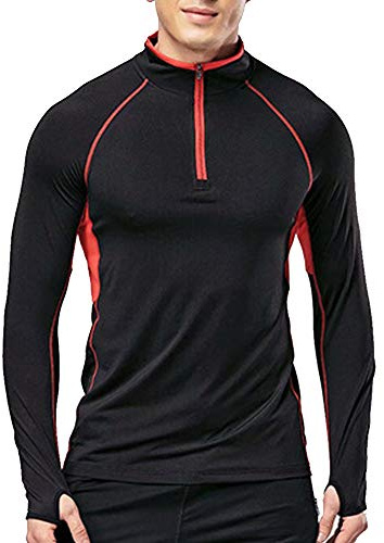Muscle Alive Men's Quarter Zip Running Active T Shirts Workout Long Sleeve Jersey with Thumb Holes Polyester and Spandex Black M