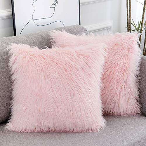 WLNUI Pink Faux Fur Pillow Covers 18x18 Inch,Set of 2 Plush Decorative Throw Pillow Case for Couch Sofa Bed, Soft Fluffy Blush Pink Cushion Cover with Hidden Zipper for Bedroom Girls Room Dorm Decor