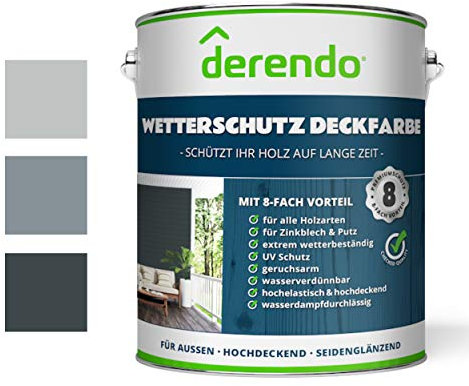derendo Holzfarbe 2,5L, anthrazitgrau außen wetterfest Wetterschutzfarbe Langzeitschutz RAL 7016 seidenglänzend Holzlack grau Außenbereich Holzschutzlasur hohe Deckkraft