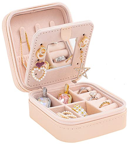 KElofoN Travel jewelry case Travel jewelry box Travel Jewelry Organizer Small box Gift for Girls Women with Mirror(Pink)