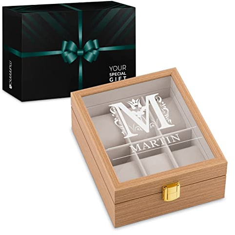 Maverton Boîte à 6 Montres avec Gravure - Boite a Montre en Bois avec Fenêtre en Verre - Cadeau Homme - Cadeau Personnalisé - Présentoir : 20 x 16,5 x 8 cm - Cadeau anniversaire - Lettrine