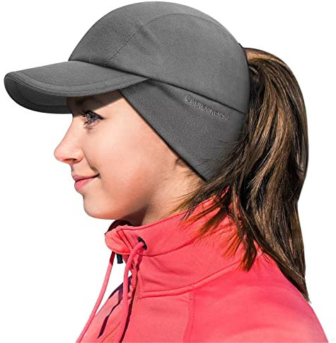 GADIEMKENSD Winter Fleece Hats Reflective Ponytail Hat for Women Baseball Caps with Earflap Drop Down Ear Warmer Mens Skull Cap Beanie with Visor Cold Hat for Outdoor Hiking Running Snow Ski Dark Gray