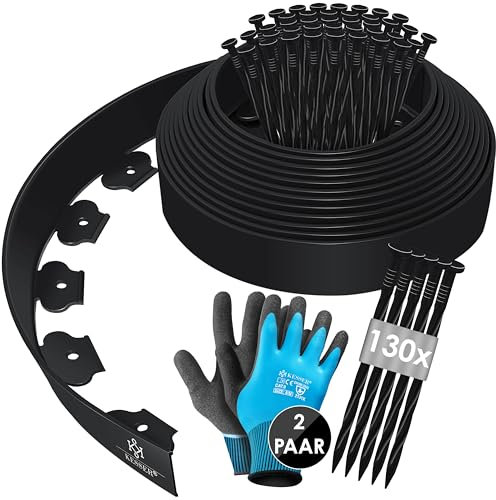KESSER® Bordure de pelouse Flexible en Plastique-Longueur : 20 m -Hauteur : 5 cm - avec 100 ancrages de Terre + 2 Paires de Gants - Bordure de parterres-Bordure de Parterre-Bordure de Tonte-Palisade